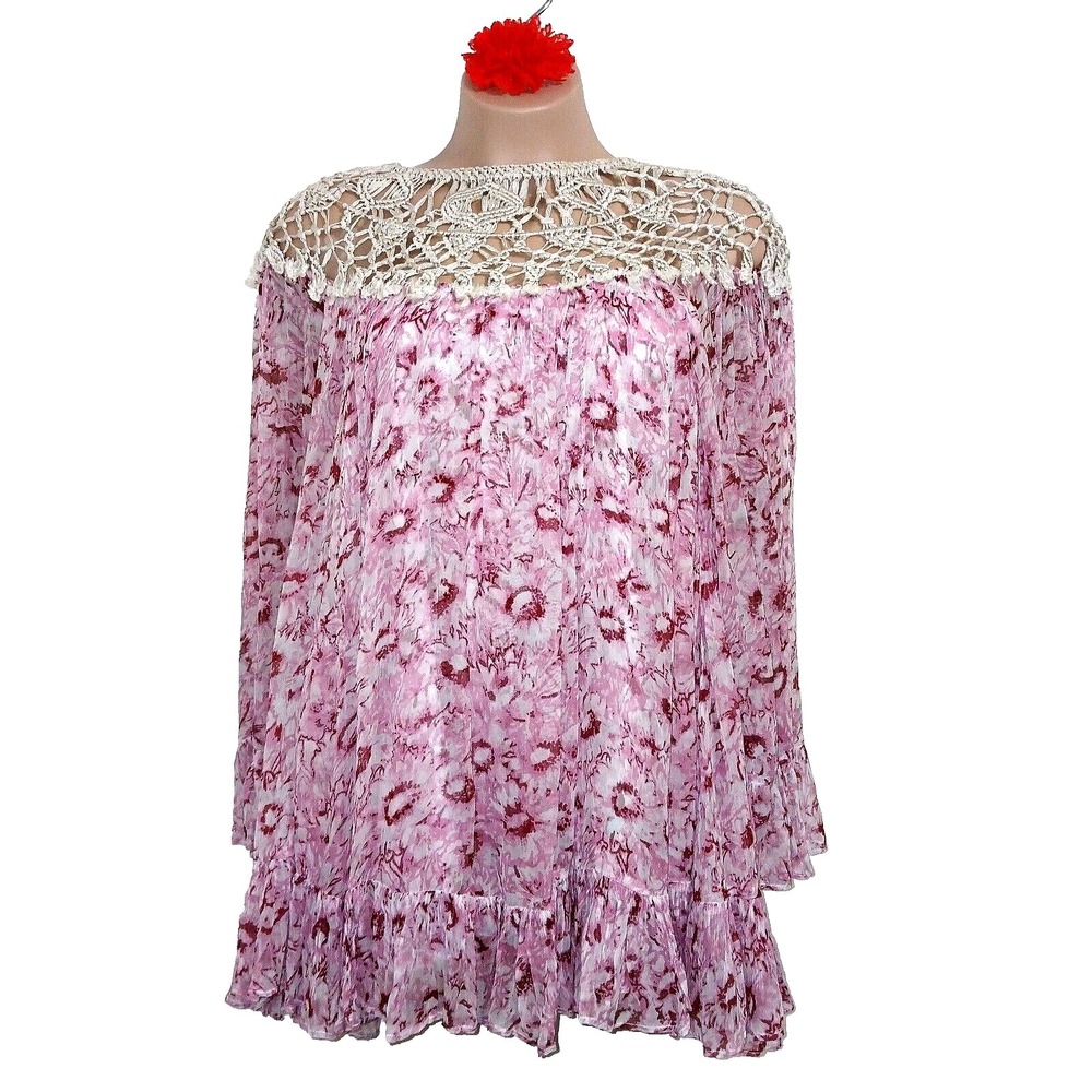 Free People Faded Daisy Frock Dress Women L XL Pink Floral Bohemian Macrame Boho